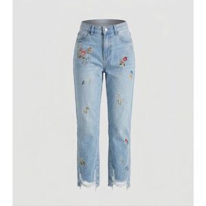 Banjara Jeans 3/25 Light Wash Embroidered Floral Cotton Distressed Boho Straight